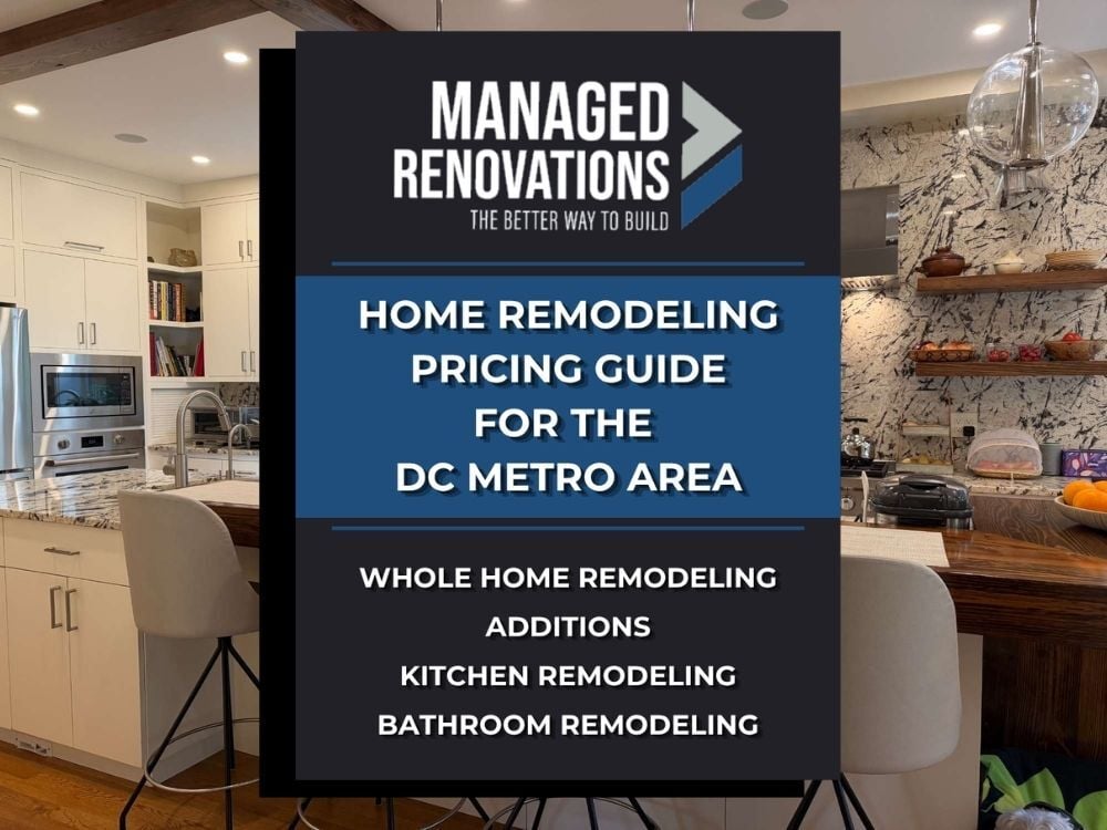 Image of the Cost Guide Graphic and a remodeled kitchen by Managed Renovations