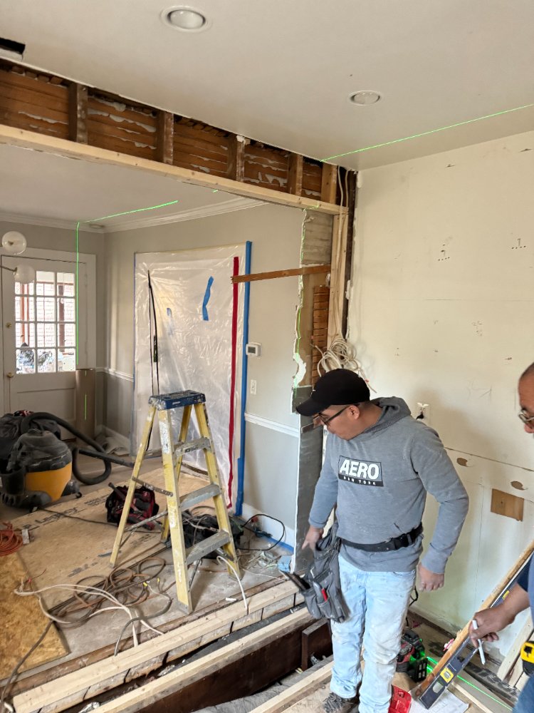 Structural framing being prepared during the kitchen remodel in Chevy Chase, MD.