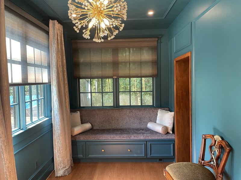 teal sitting area with built in window bench and chandelier in chevy chase md kitchen and hall bath remodel
