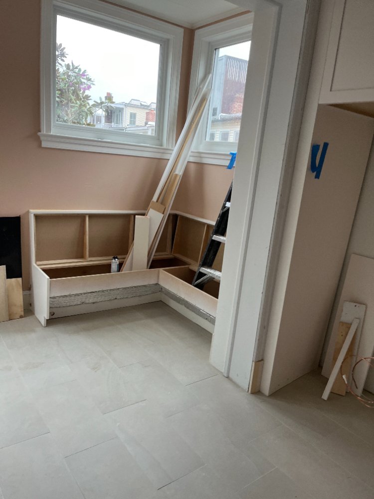 Built-in breakfast nook bench under construction during remodeling in Northwest Washington, D.C.