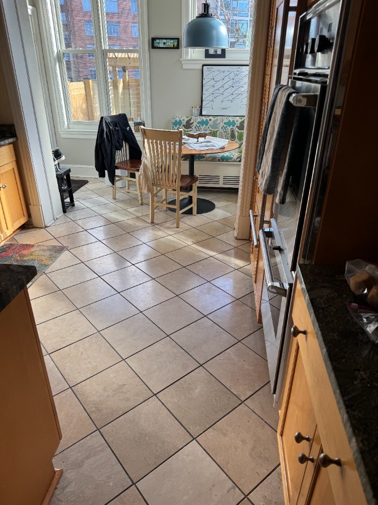 Pre-remodel kitchen dining area with built-in bench seating in Northwest Washington, D.C.