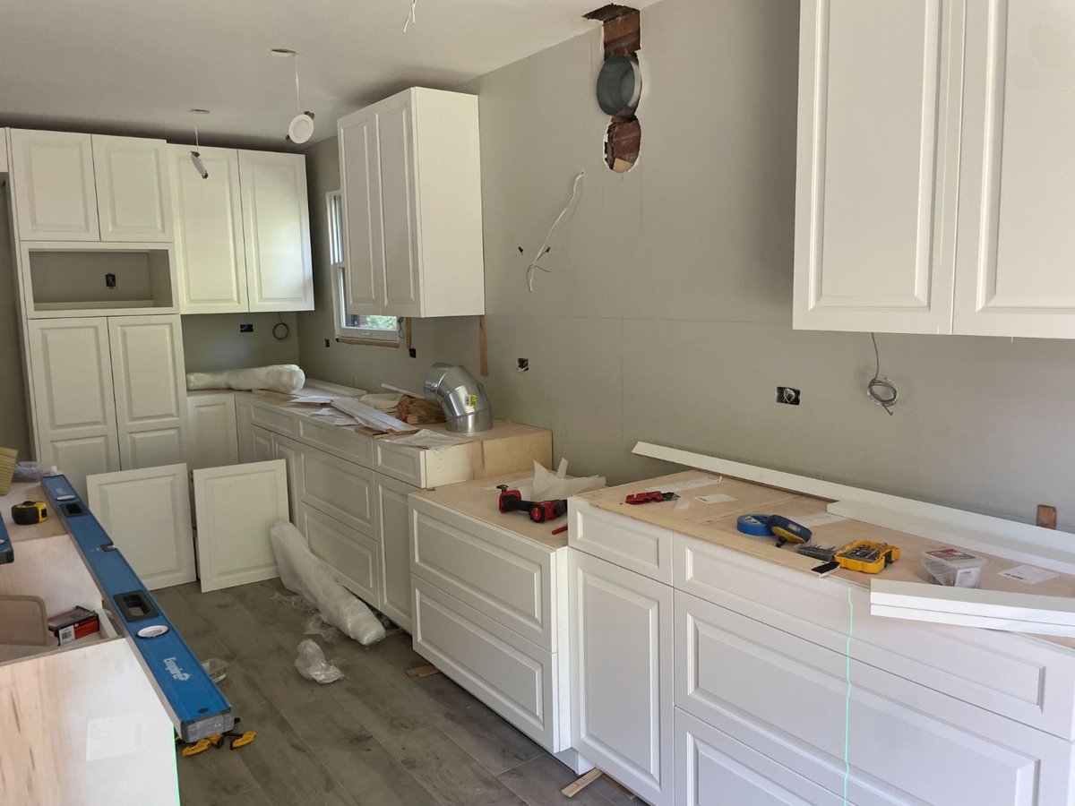 Kitchen remodel in progress with newly installed shaker cabinets in Bethesda, MD.